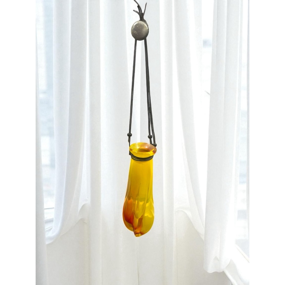 Hand-blown Glass Hanging Vase for small floral arrangement, yellow orange